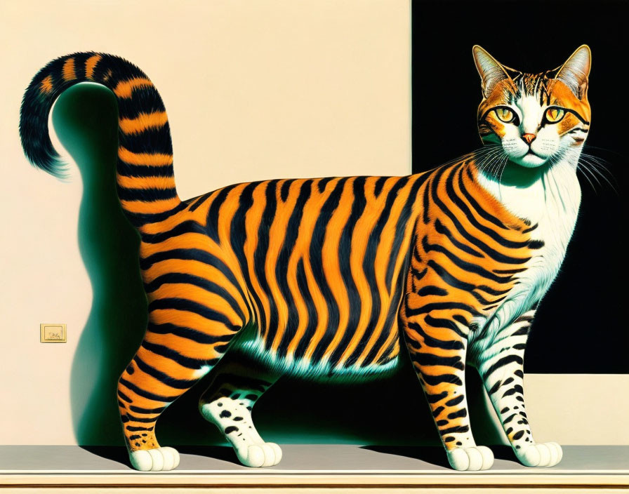 Colorful Cat Painting with Tiger-like Stripes on Surreal Background