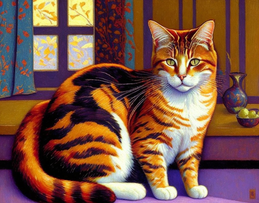 Colorful Painting: Orange Tabby Cat by Window with Flowers