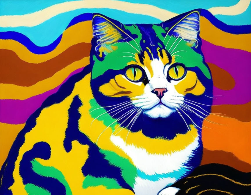 Vibrant Cat Painting with Swirling Patterns and Bold Colors