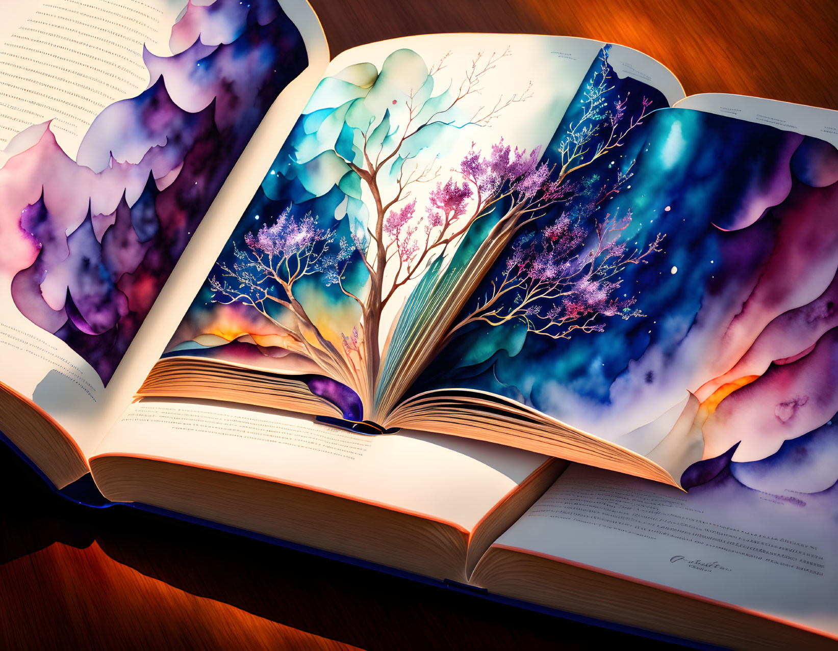 Illustrated magical trees in an open book with starry night sky on wooden surface