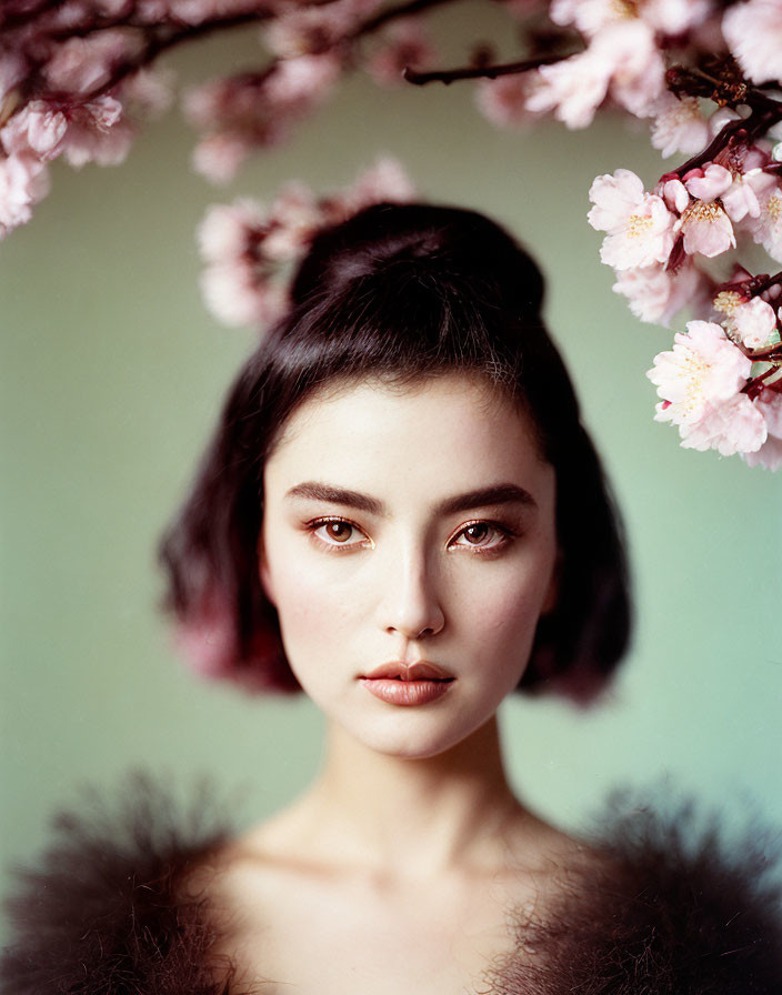 Woman with Bun Hairstyle Surrounded by Pink Cherry Blossoms on Soft Green Background