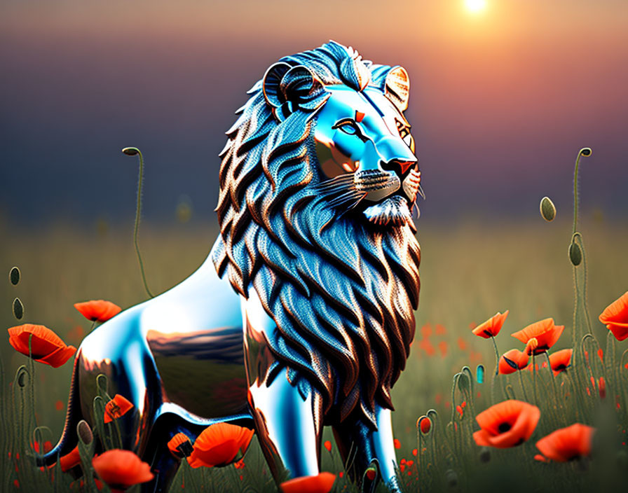 Stylized blue lion with flowing mane in red poppies at sunrise/sunset