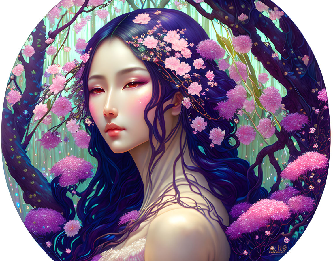 Illustrated portrait of woman with long blue hair and pink blossoms against floral background