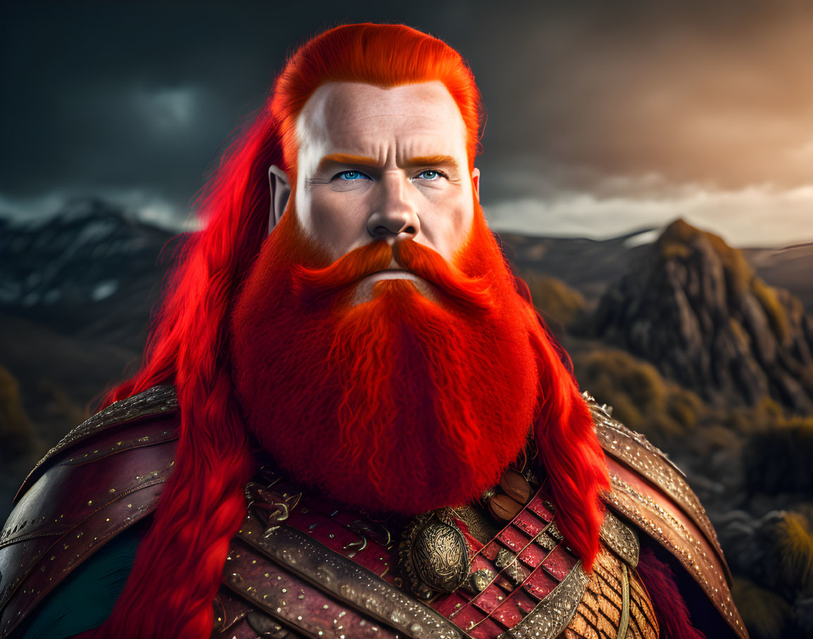 Red-bearded warrior in armor against mountain backdrop at sunset