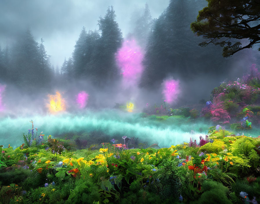 Colorful Flower Garden in Misty Forest Landscape