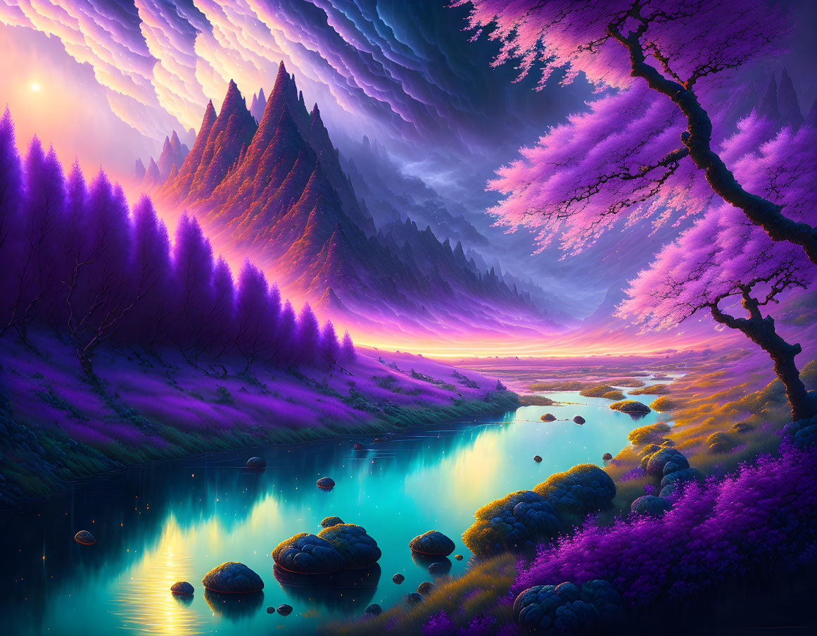 Purple Trees Landscape: Tranquil River, Rolling Hills, Dramatic Sky