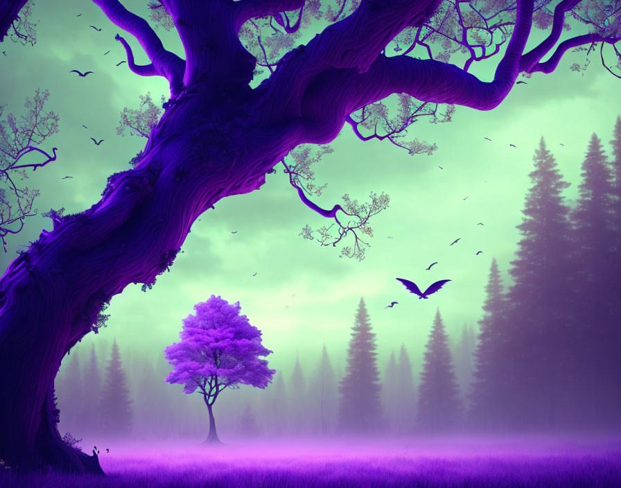 Surreal purple landscape with twisted and colorful trees