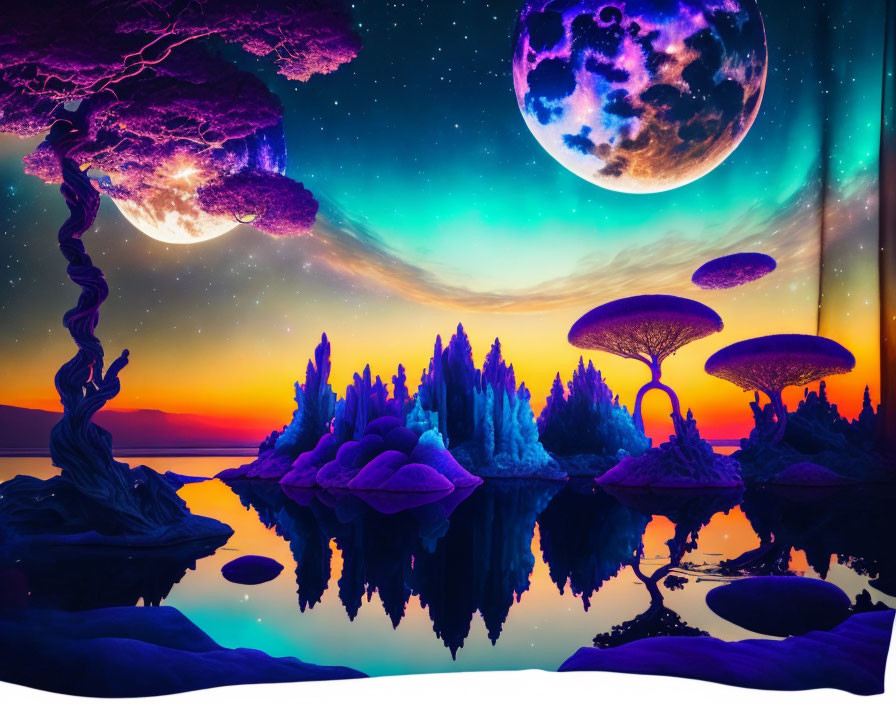 Vibrant surreal landscape with dual moons, fantastic trees, and serene waters