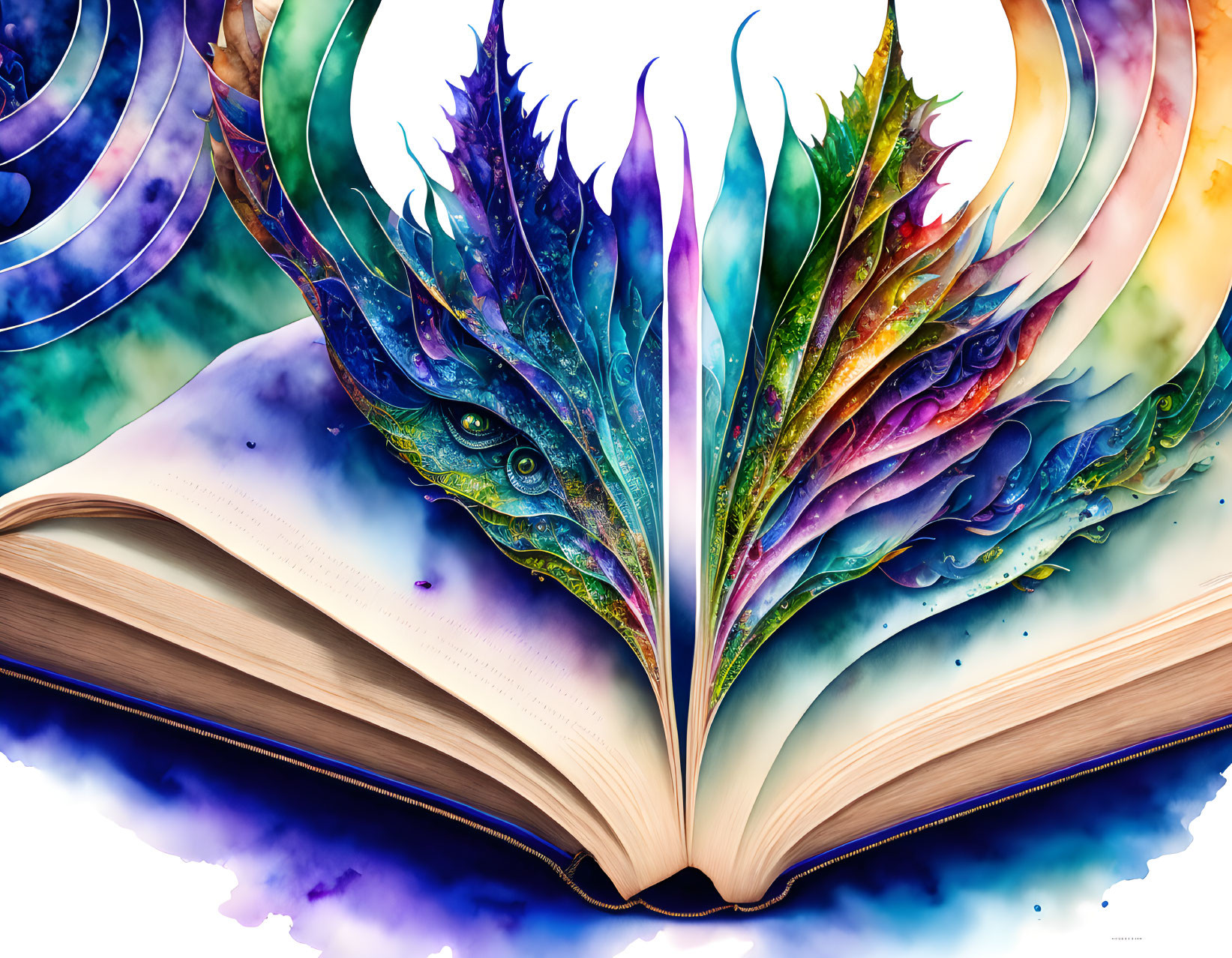 Open book with pages turning into vibrant peacock feathers