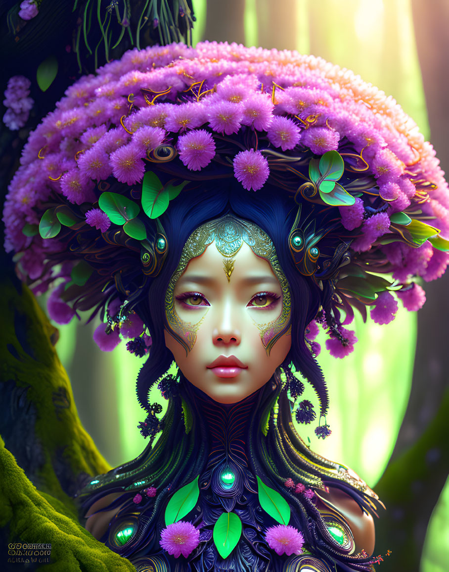 Blue-skinned female figure with ornate headdress in mystical forest