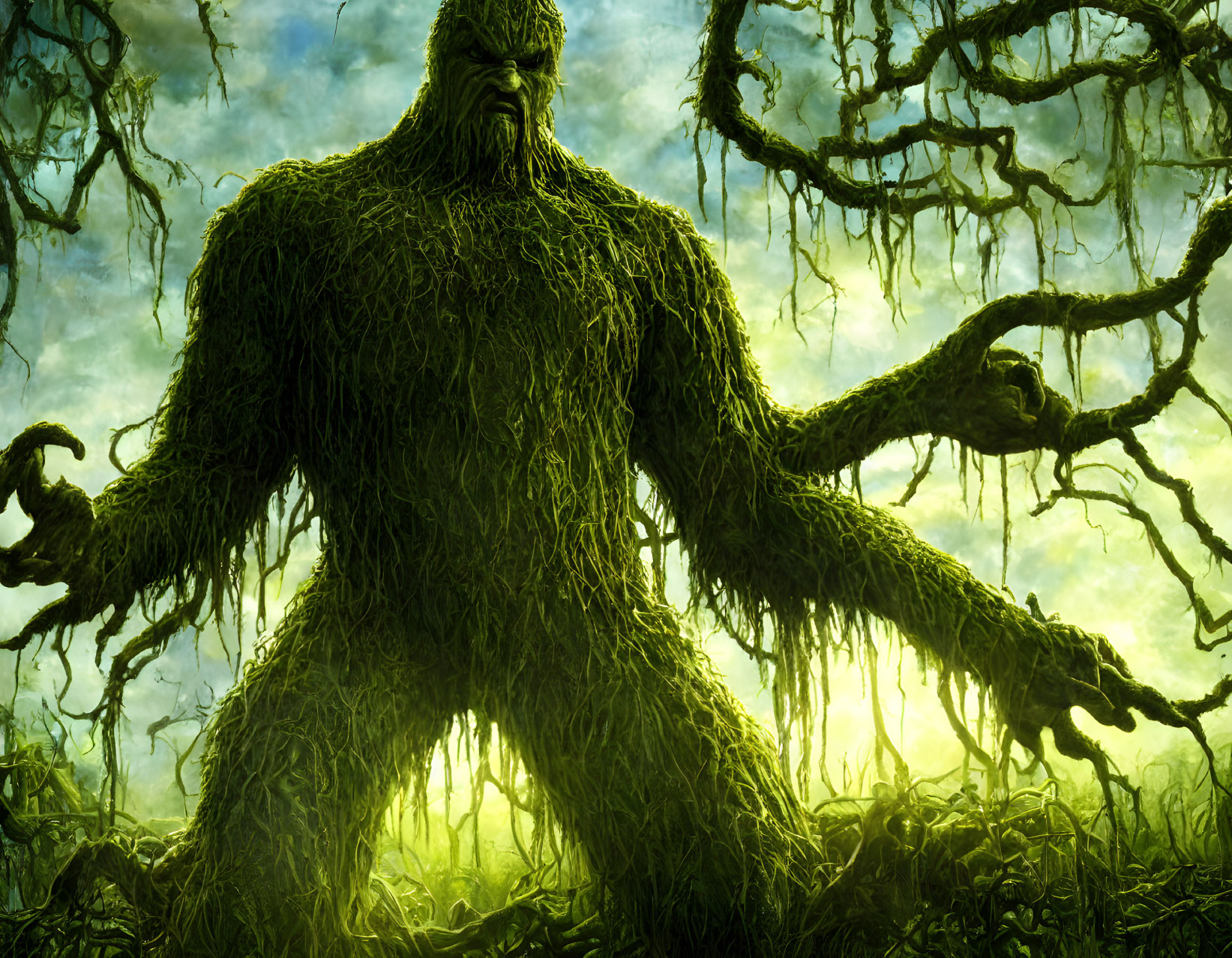 Towering humanoid tree creature in mystical forest