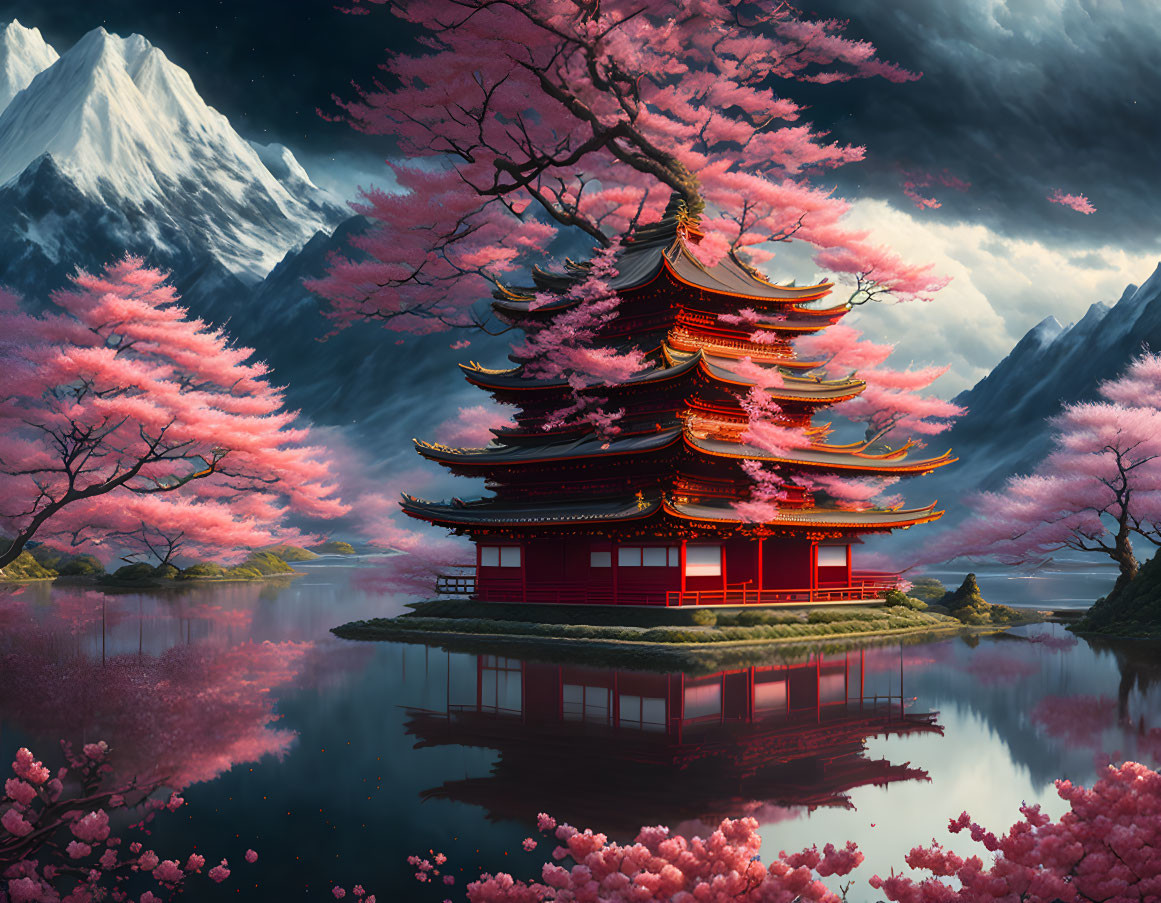 Tranquil red pagoda in cherry blossom landscape with lake and mountains