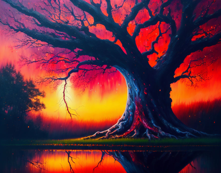 Vibrant painting of massive tree against fiery sunset sky reflected in water