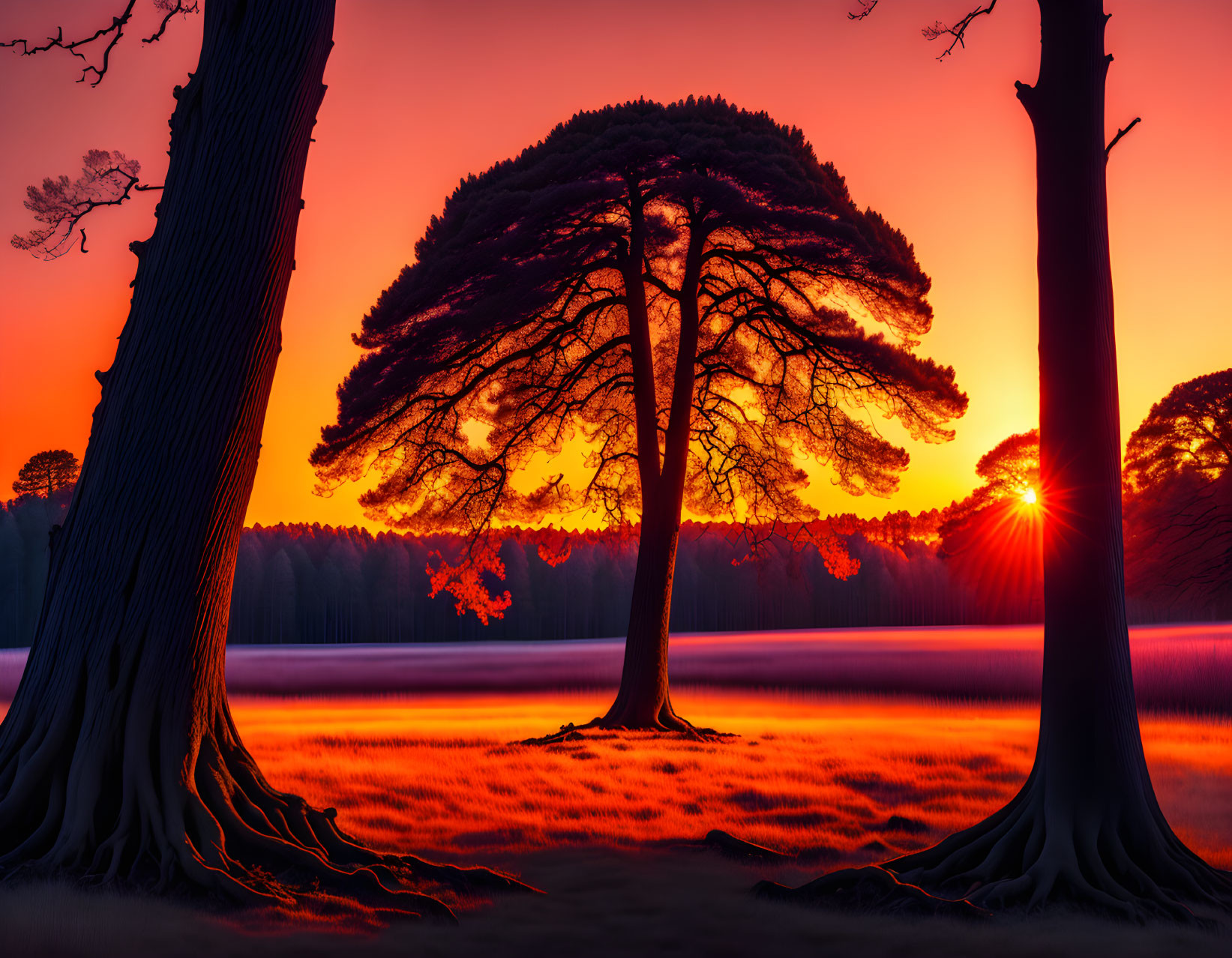 Vibrant sunset silhouette of majestic tree in serene landscape