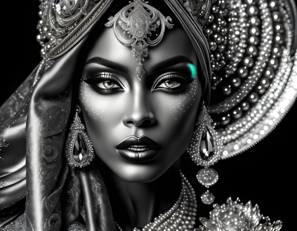 Monochrome portrait of person with elaborate head jewelry and intense gaze