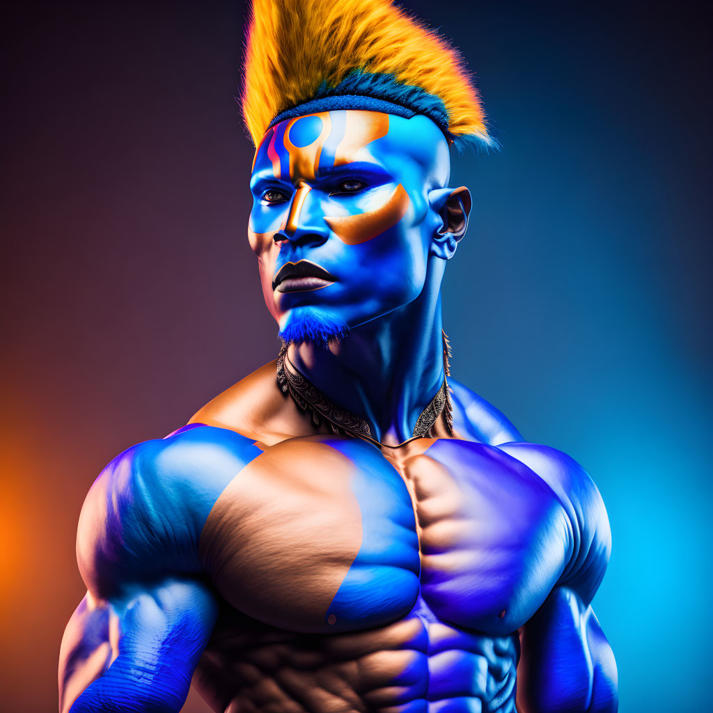 Blue Body Paint and Orange Mohawk on Strong Physique against Gradient Background