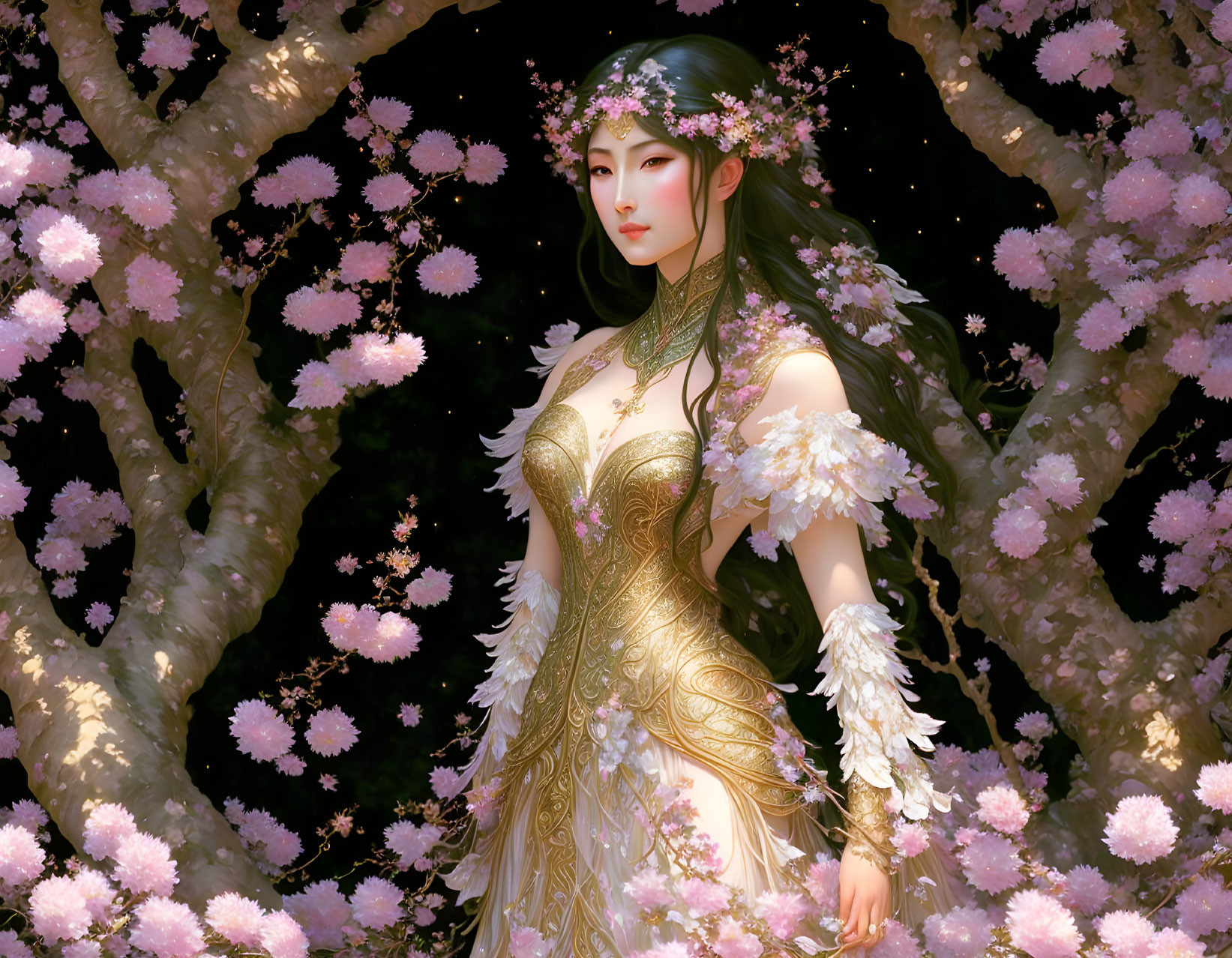 Ethereal woman in gold and white dress with cherry blossoms at night