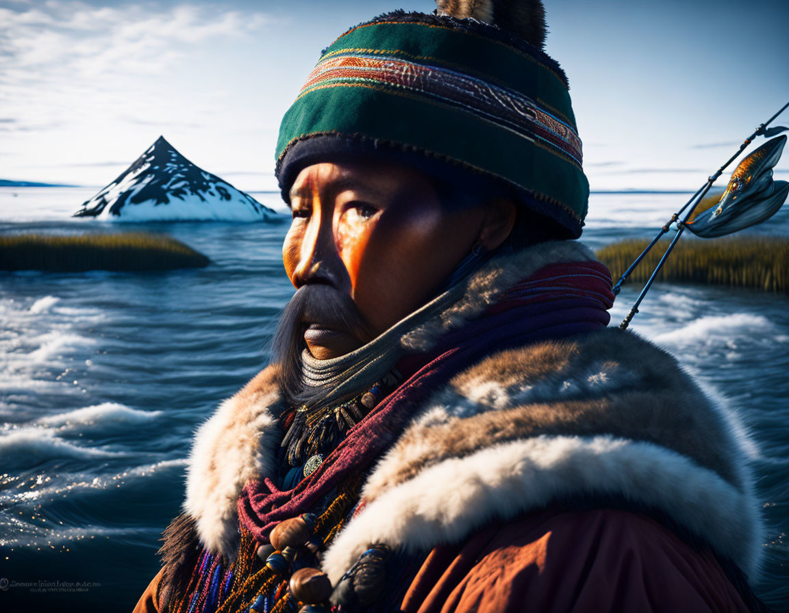 Indigenous person in traditional attire with snowy mountain backdrop