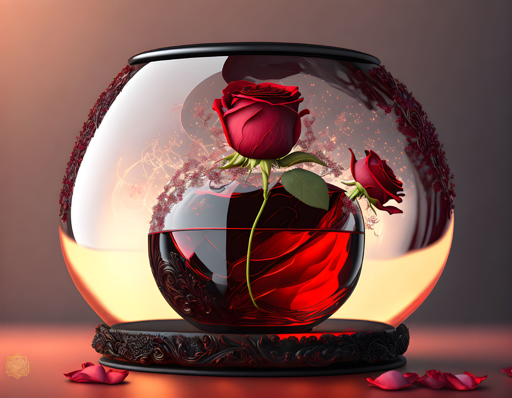 Digital Art: Glass Vase with Red Rose and Water Effects