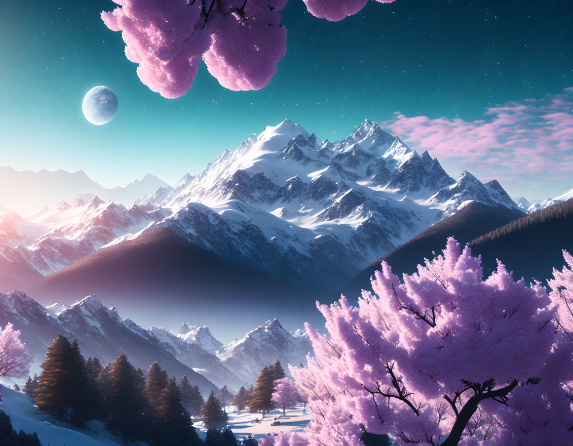 Snowy Mountains Landscape with Cherry Blossoms and Crescent Moon