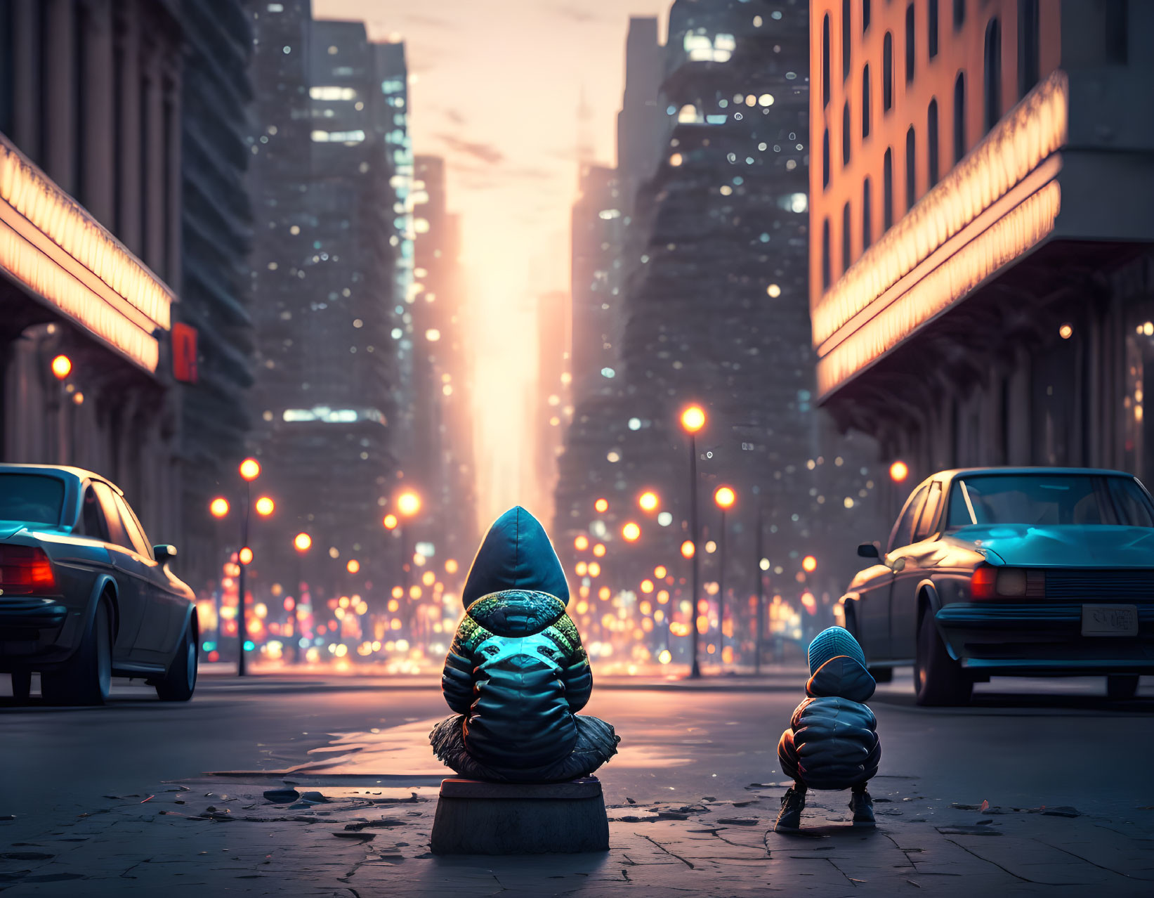 Glowing blue patterns on figures in city street twilight scene