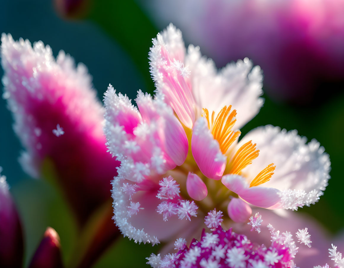 Vibrant pink flower with white frost and yellow stamens.