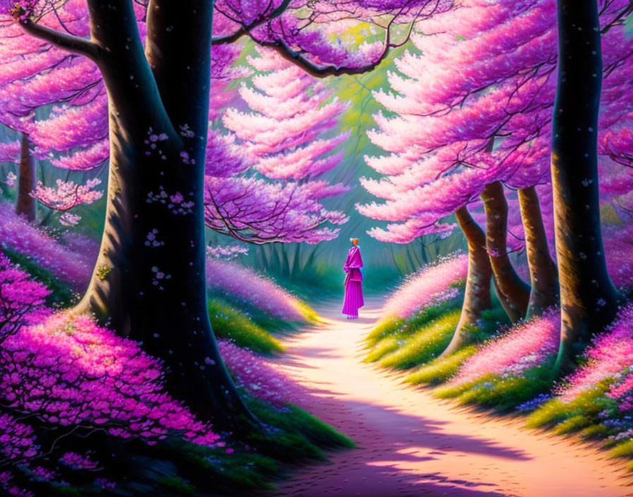 Person in purple robe walks path lined with pink blossoming trees in serene forest