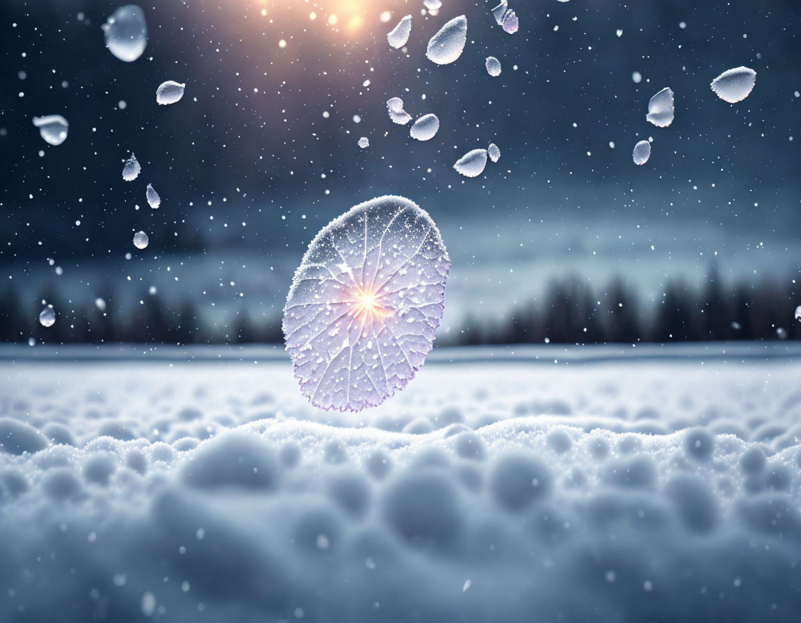 Translucent frosted leaf levitating over snowy field at dusk