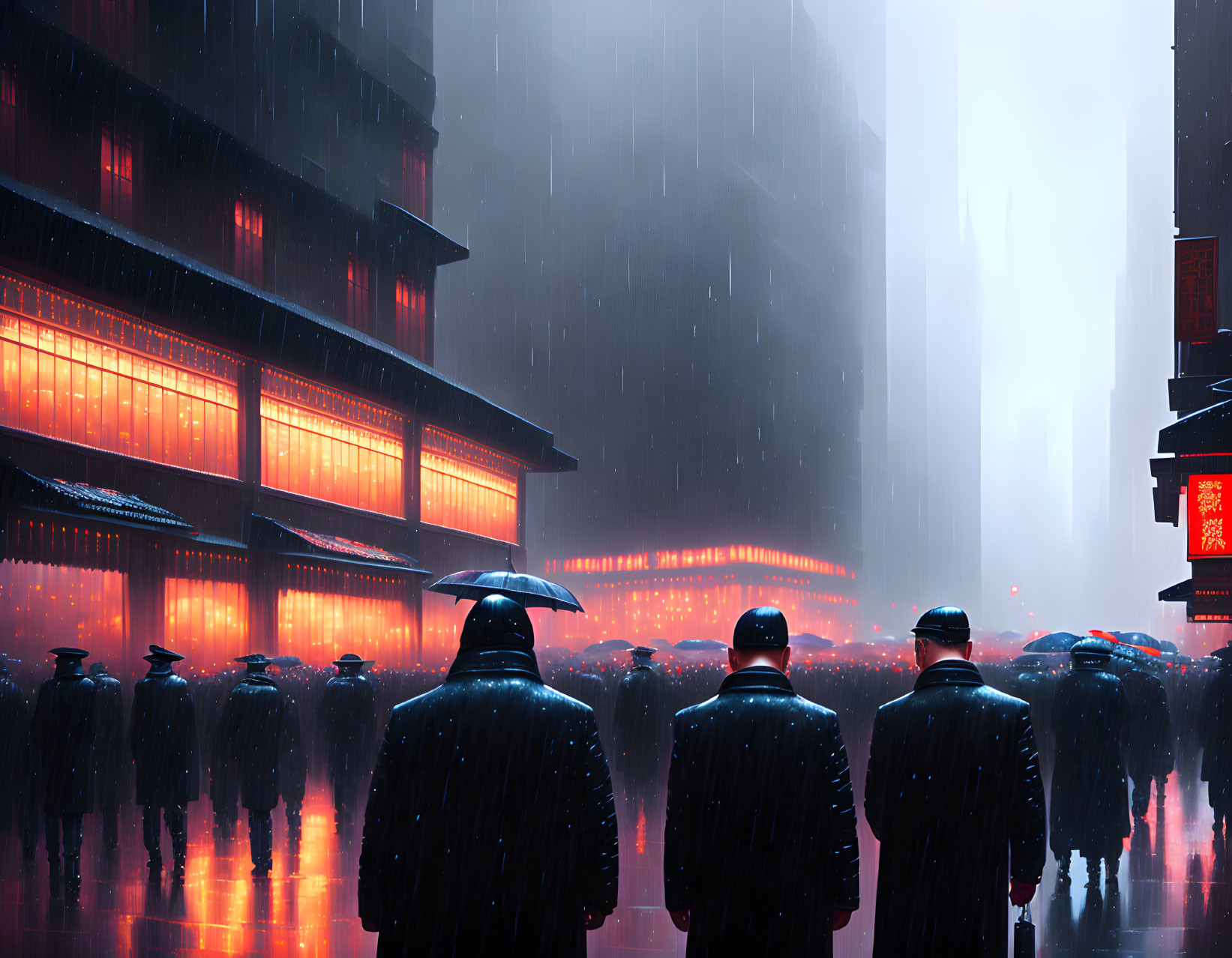 Crowd with umbrellas in neon-lit futuristic cityscape.