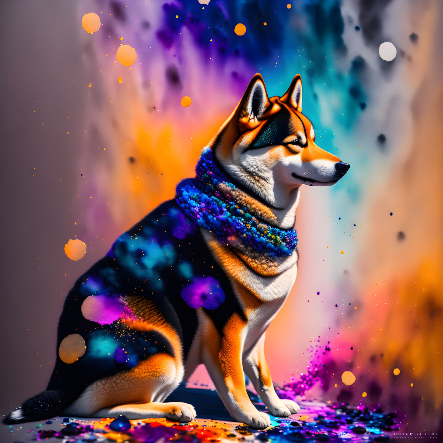 Colorful Galaxy-Themed Scarf on Shiba Inu Dog