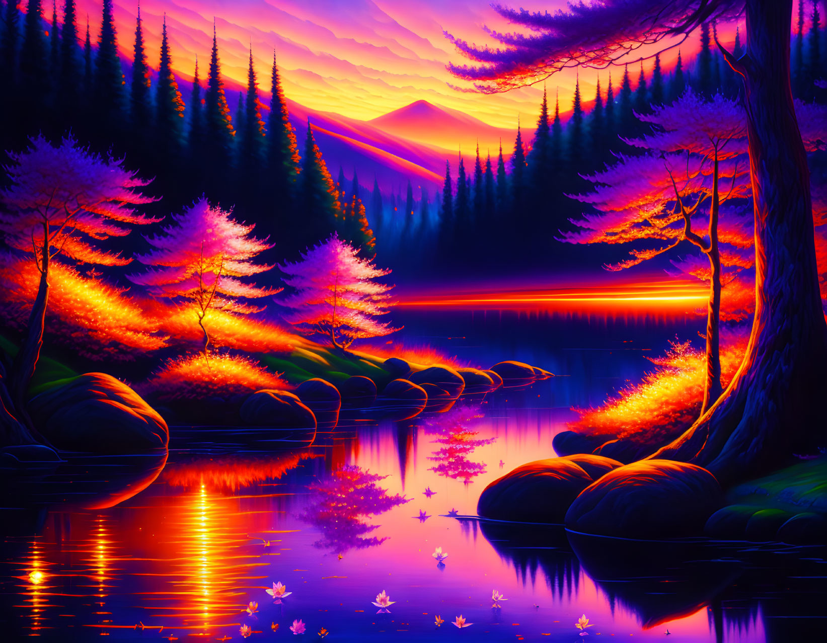 Digital artwork: Serene lake, sunset, purple mountains, glowing autumn trees