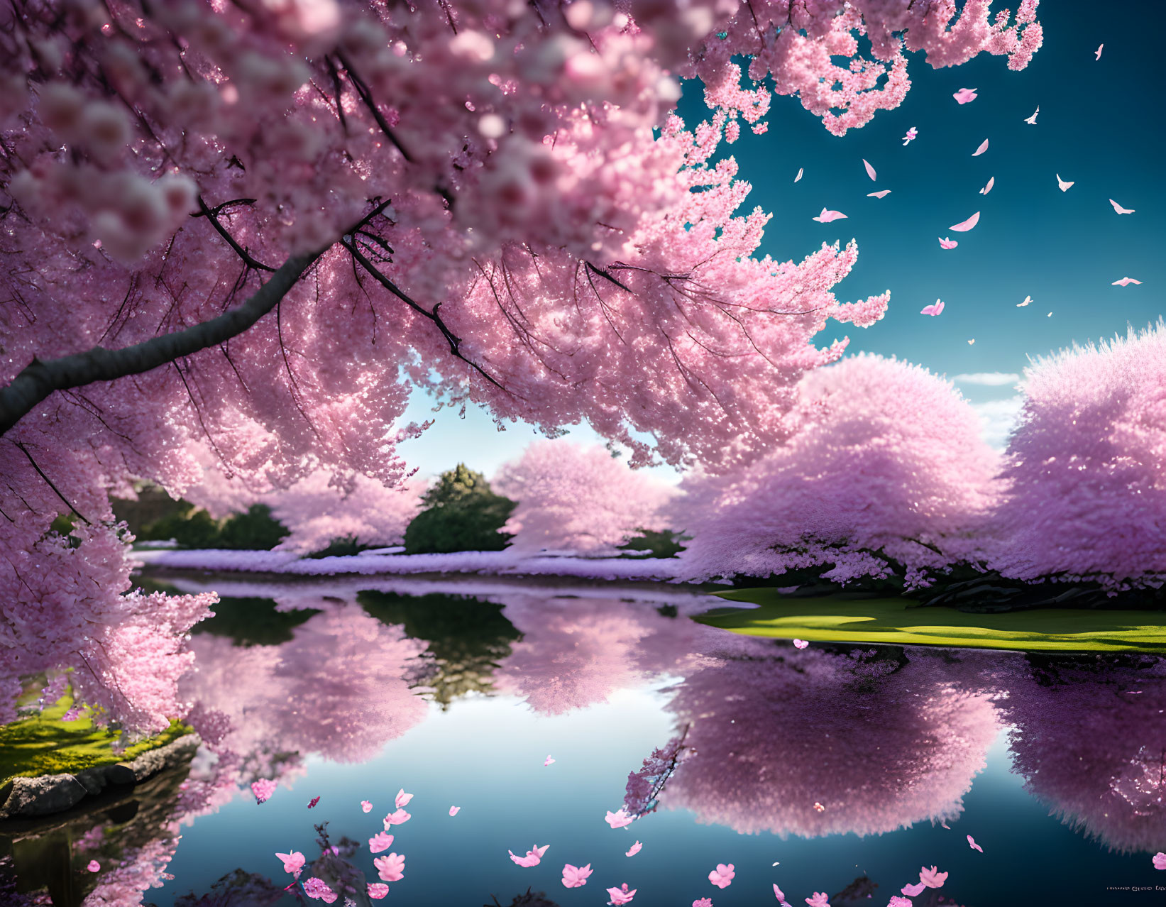 Tranquil pond with blooming pink cherry blossoms