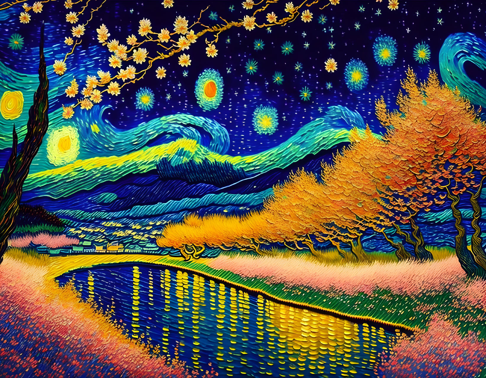 Starry night sky painting with swirling clouds and golden landscape