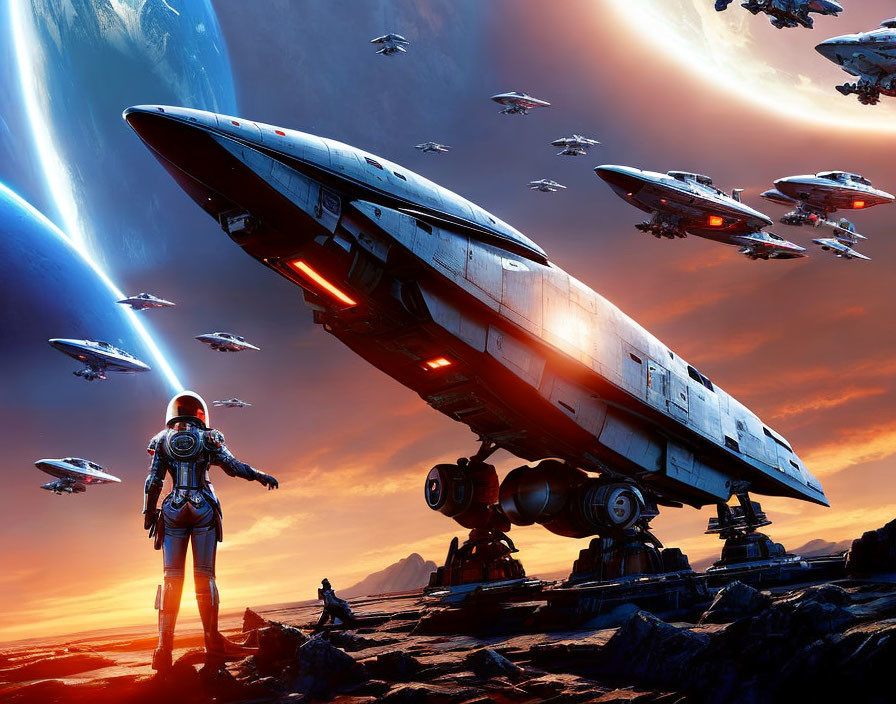 Astronaut on alien planet with spacecraft and ships in dramatic sky