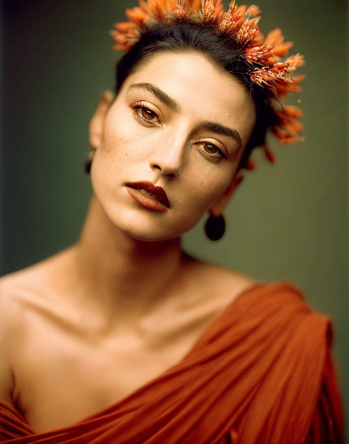 Woman in Orange Floral Headpiece and Gold Eyeshadow with Dark Red Draped Garment gazes