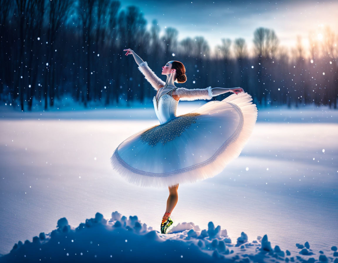 White tutu ballerina dances in snow-covered twilight landscape