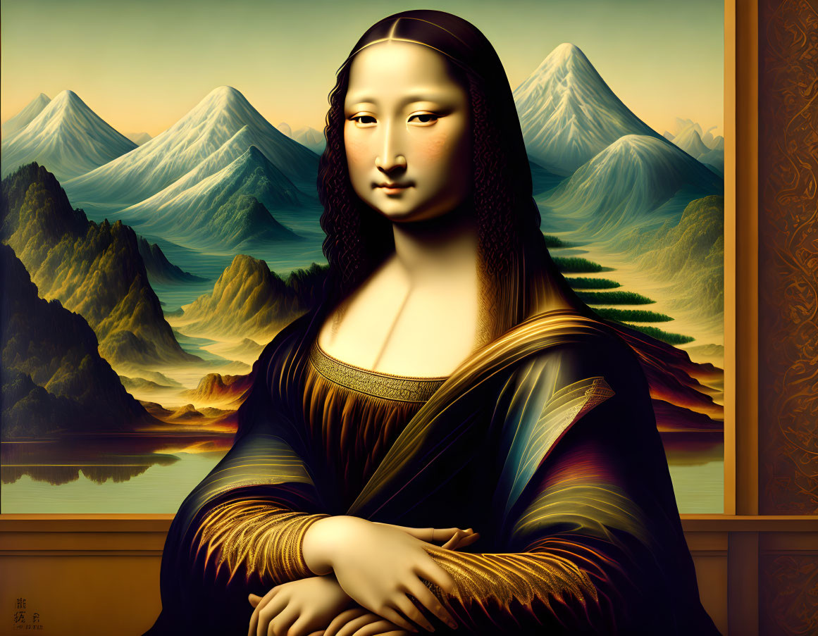 Digital Artwork: Mona Lisa Fusion with Asian Landscape