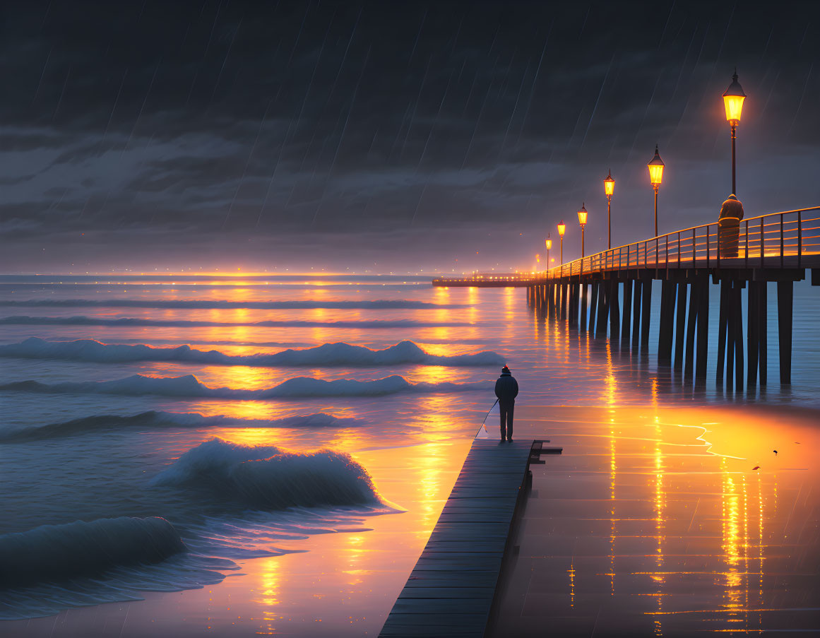 Nighttime jetty scene with person under rain and illuminated lamps