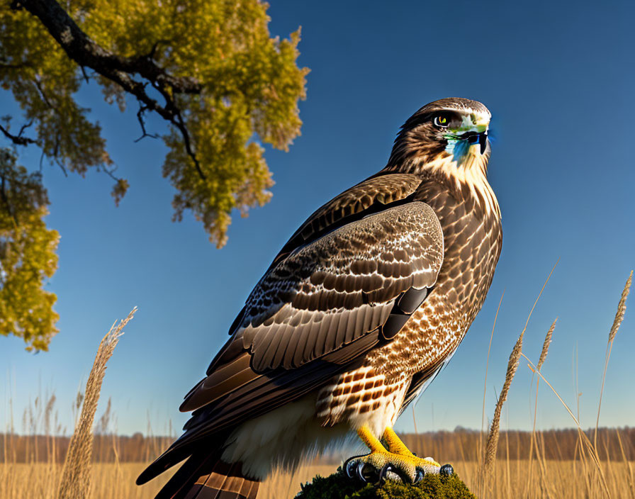 Majestic bird of prey perched on clear blue sky and field