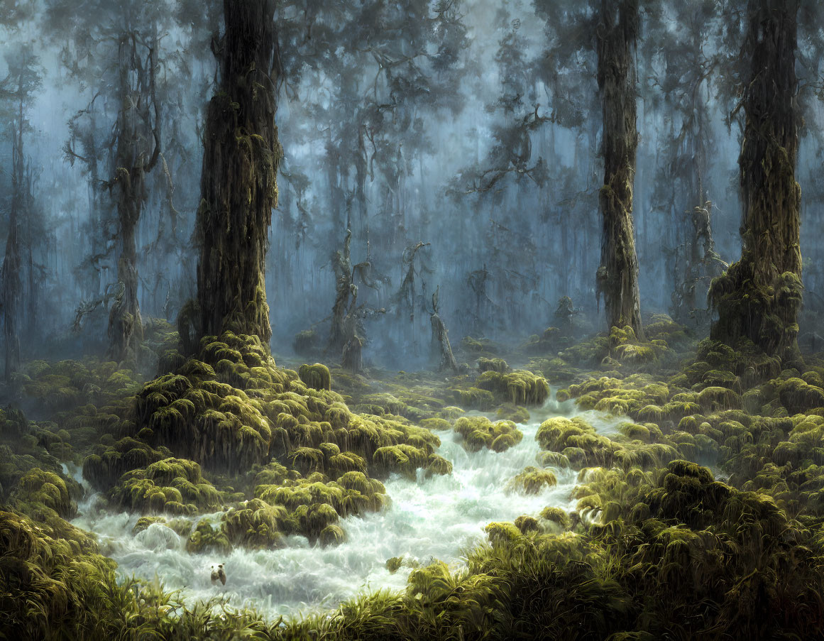 Misty Forest with Moss-Covered Ground and Towering Trees