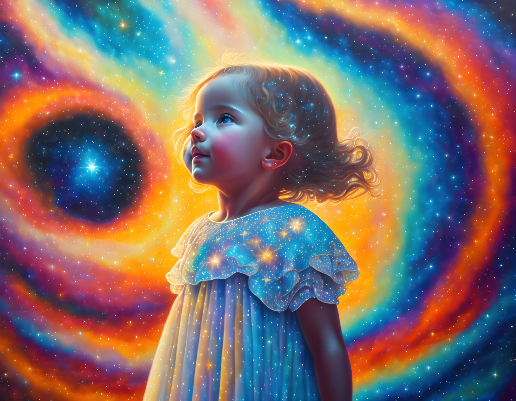 Child gazing at cosmic backdrop with celestial patterns.