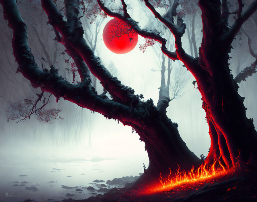 Mystical forest with glowing tree under crimson moon