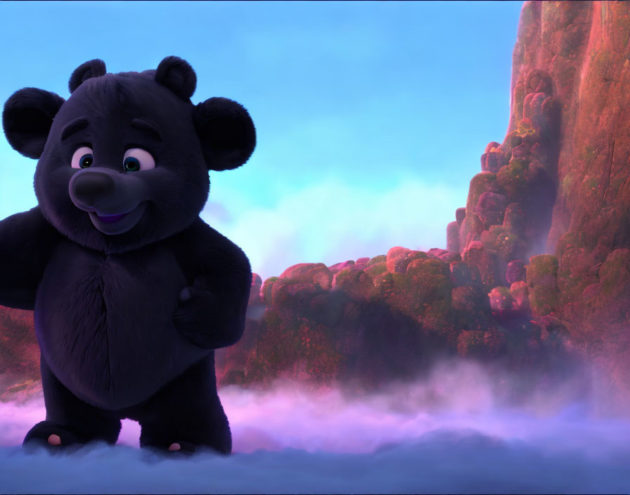 Friendly animated bear in mystical landscape with purple fog and pink rocks