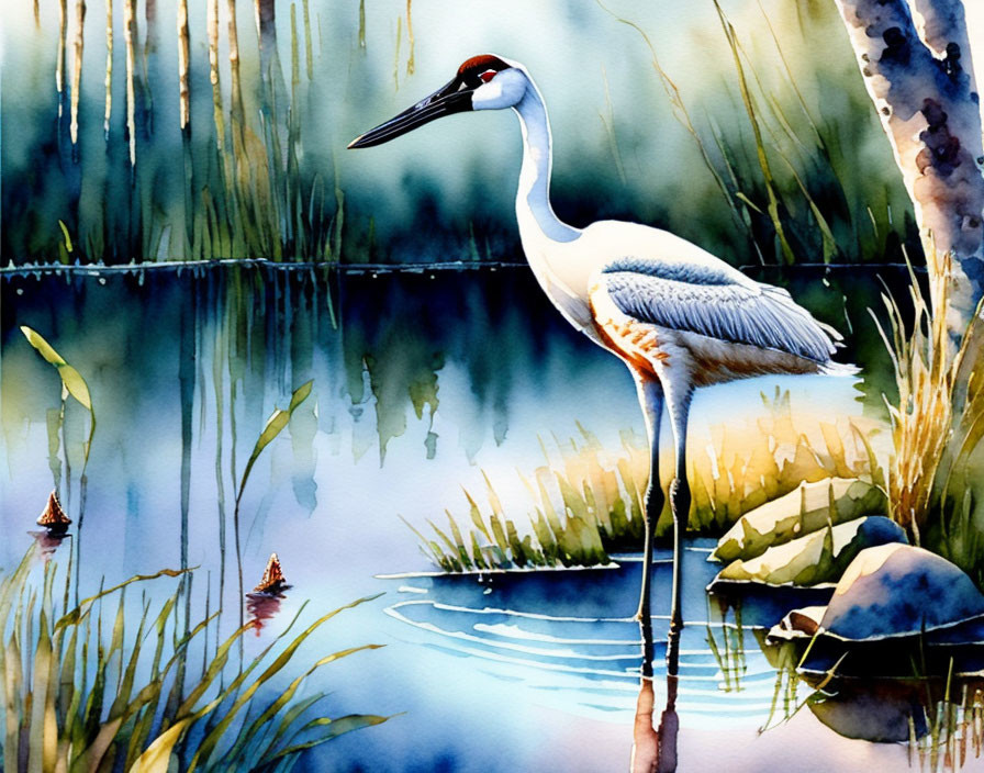 Graceful Crane in Tranquil Lakeside Watercolor