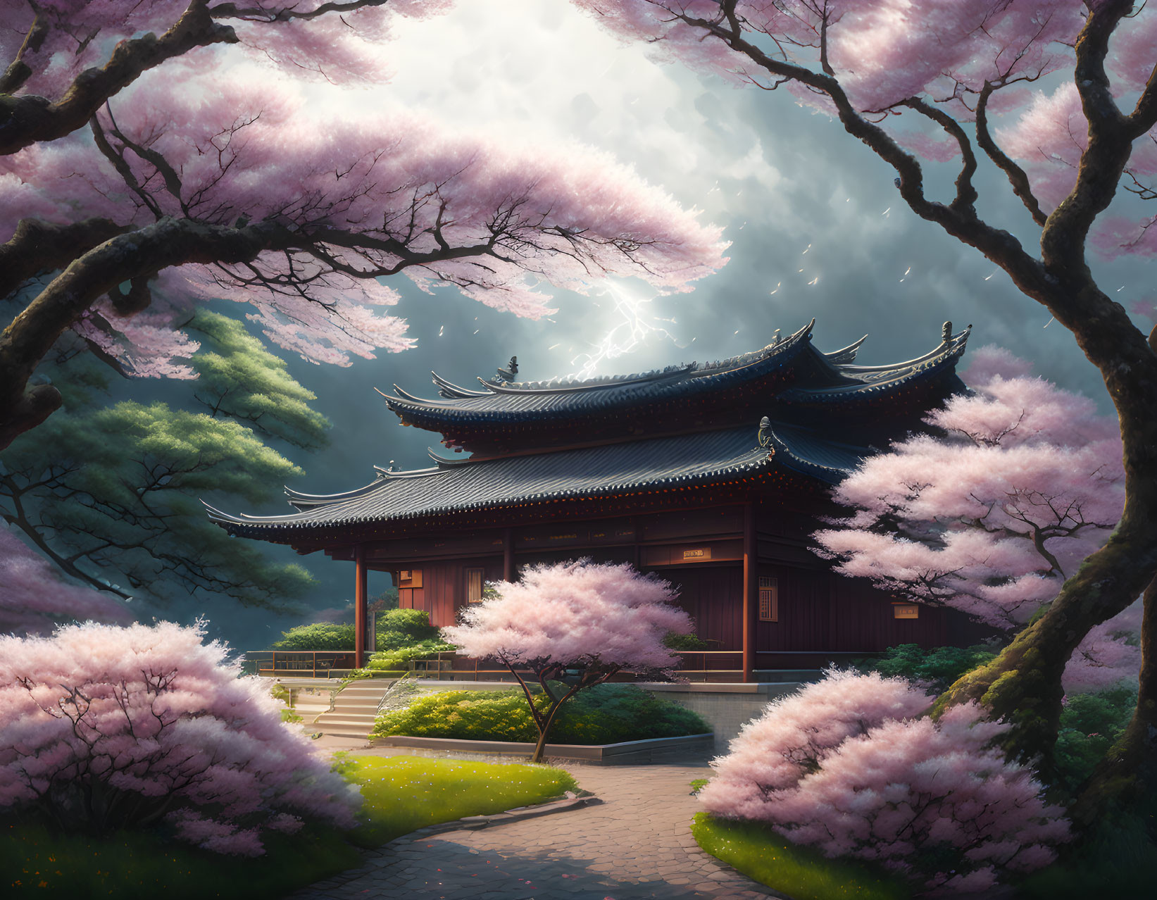 Traditional Asian temple in cherry blossom landscape under dramatic sky