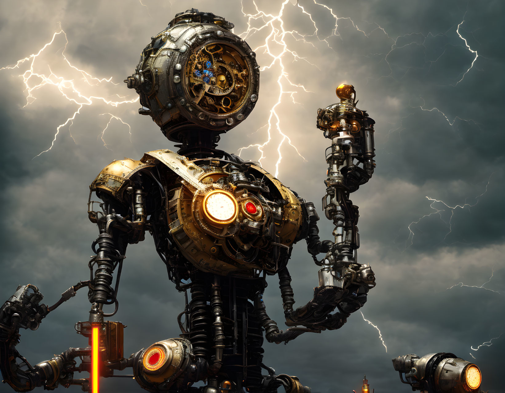 Steampunk robot with gears and metallic body against stormy sky