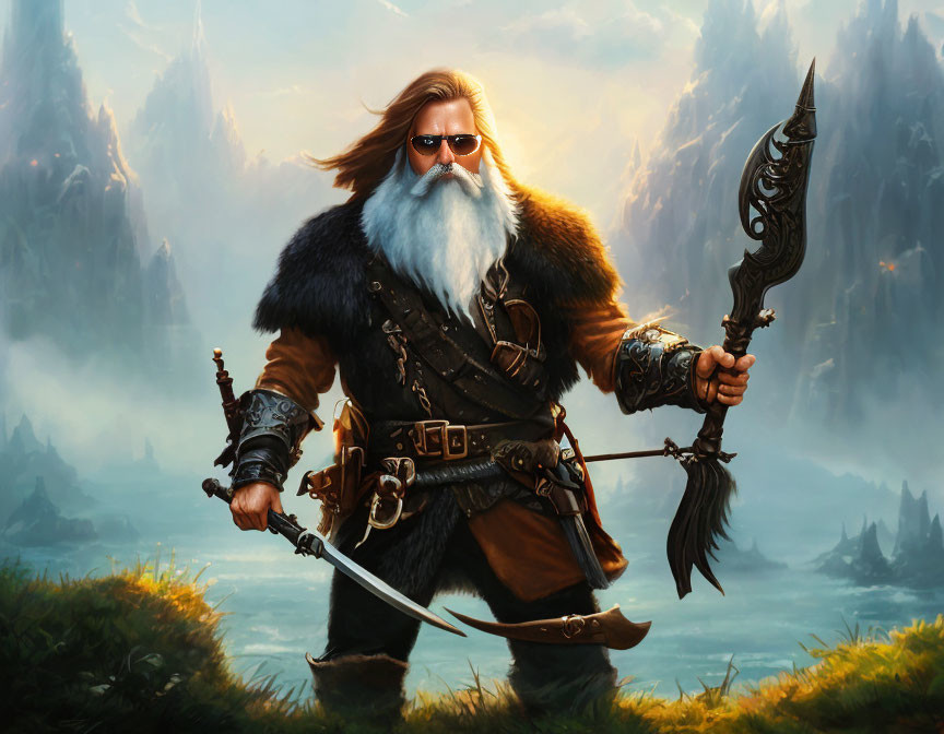 Bearded fantasy dwarf warrior with sword and axe in misty mountain landscape