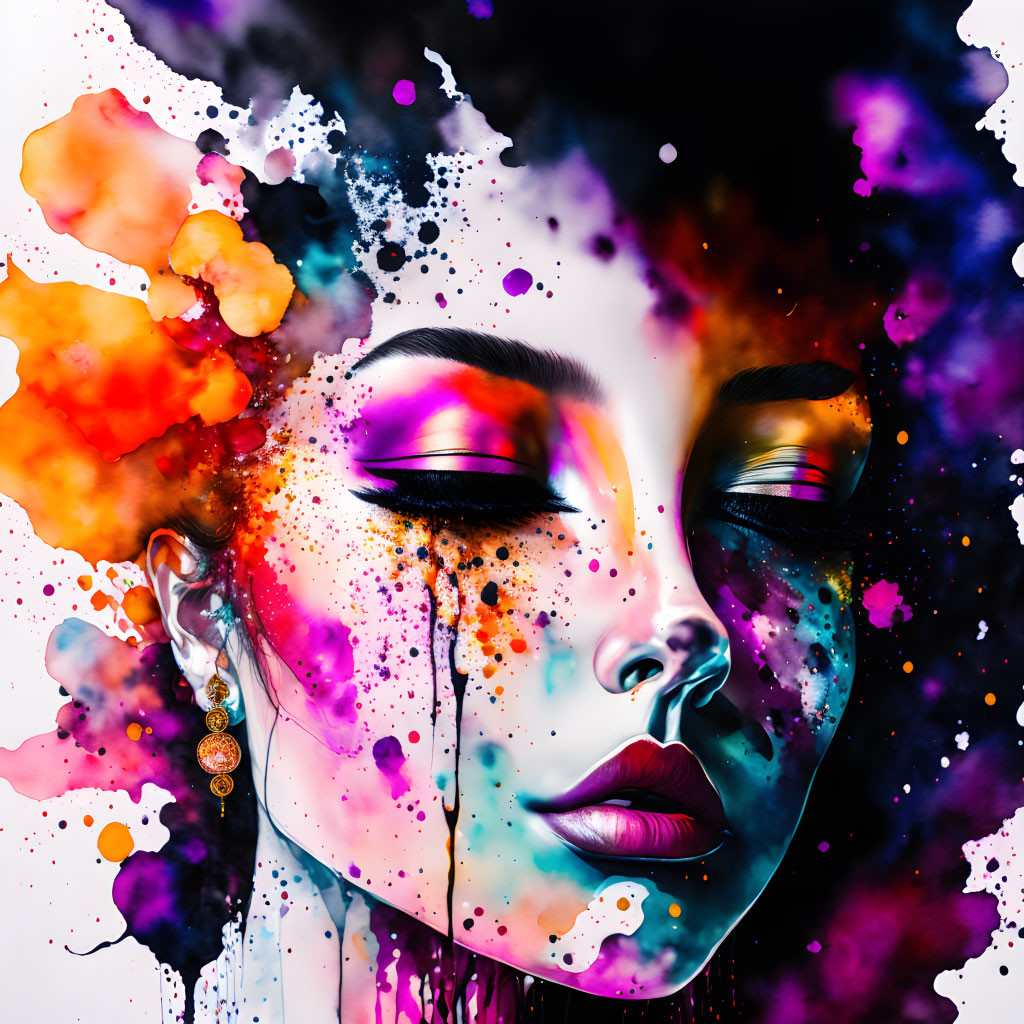 Colorful Abstract Digital Art: Woman's Face with Vibrant Splashes