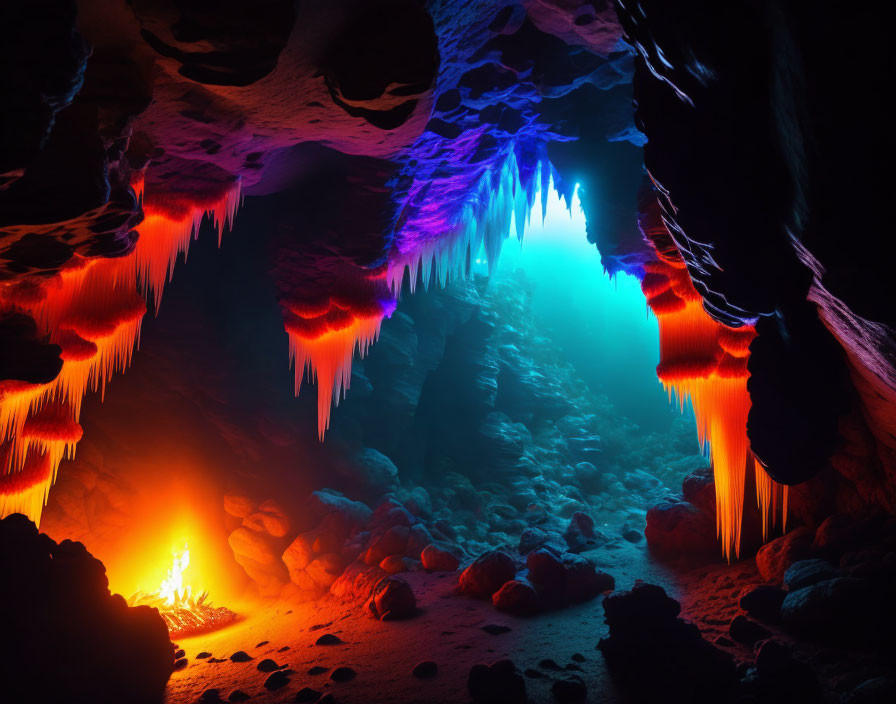 Illuminated cave with vibrant colors and stalactites