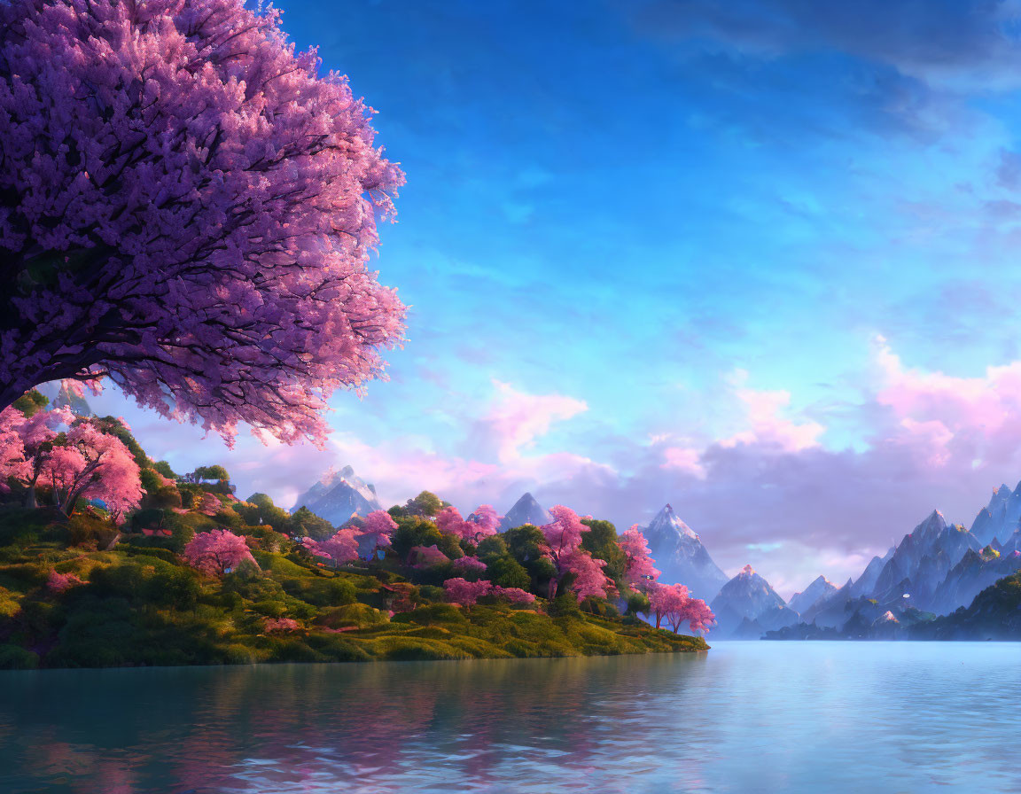 Tranquil landscape: Cherry blossom trees, lake, snow-capped mountains